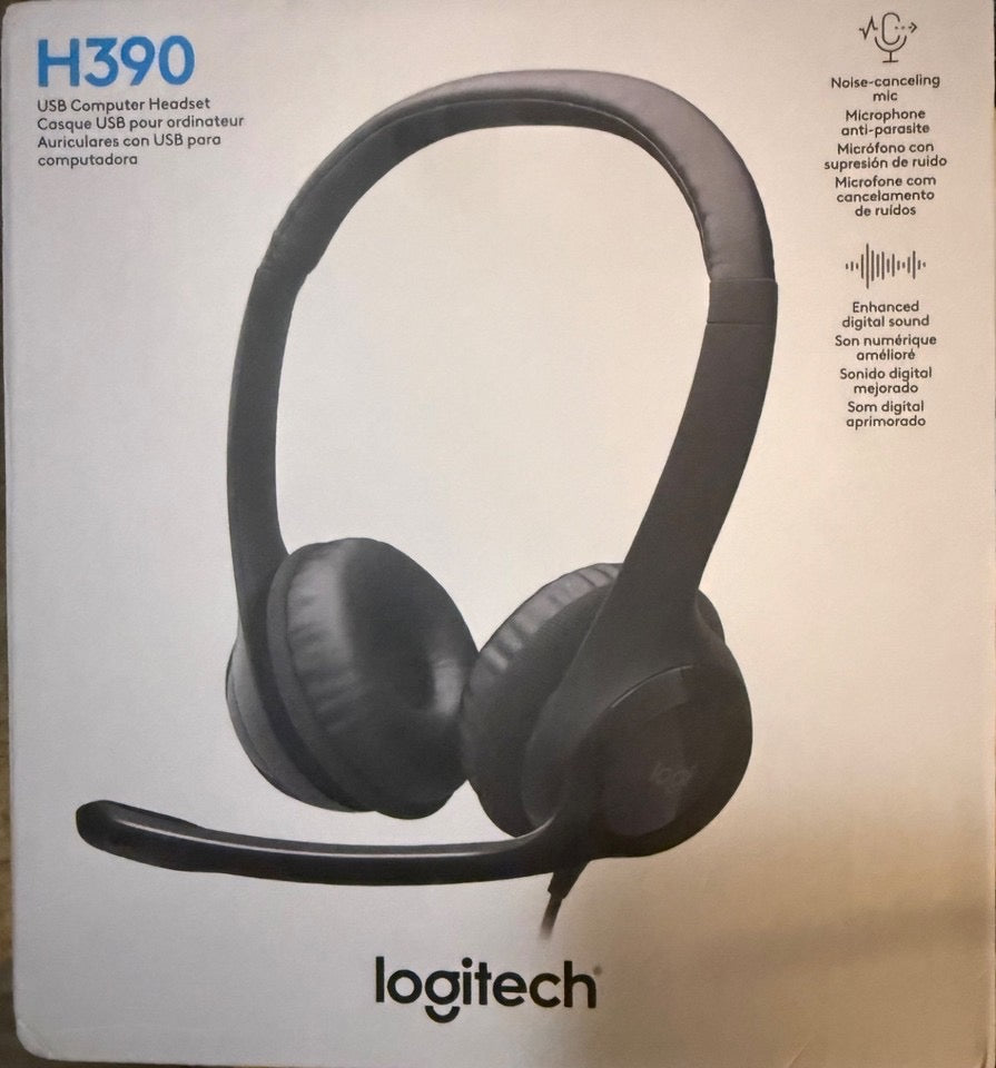 Logitech H390 Black Over the Ear USB Computer Headset. Seal missing on box. New