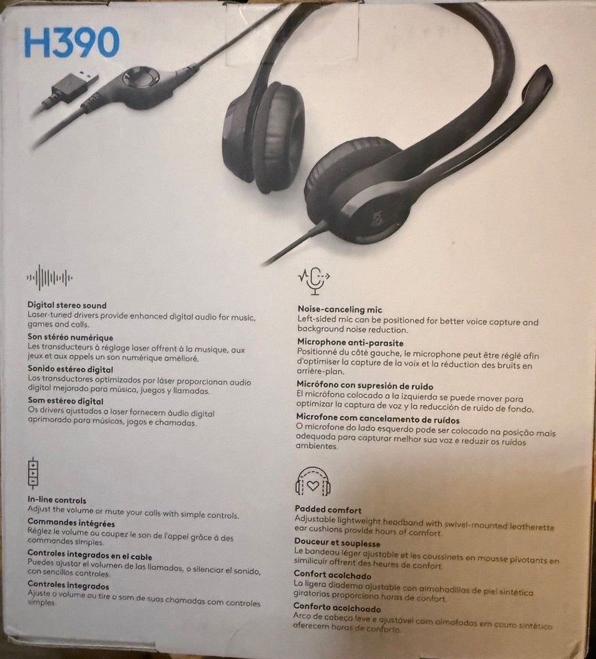 Logitech H390 Black Over the Ear USB Computer Headset. Seal missing on box. New